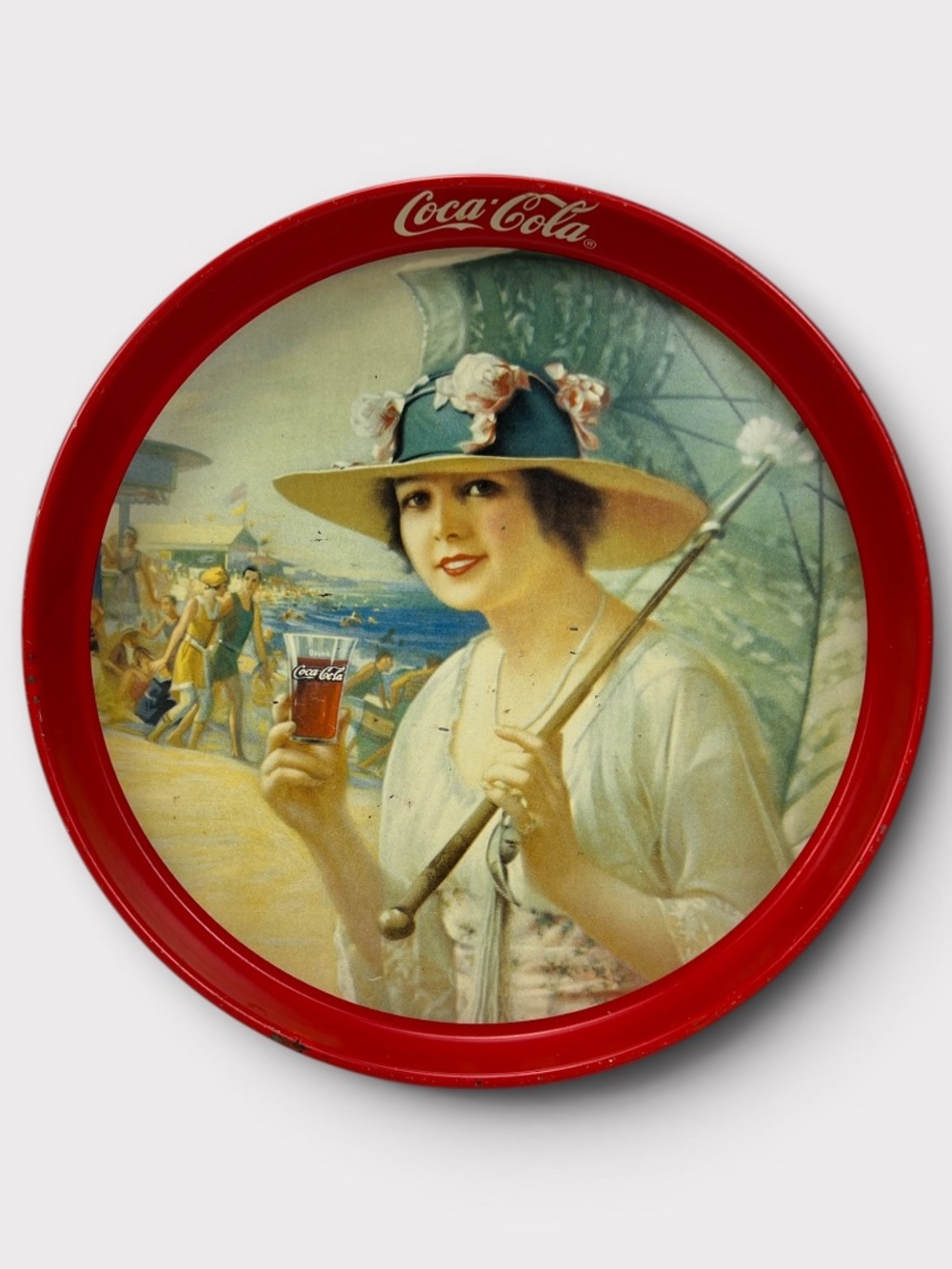 Vintage Coca Cola Metal Serving Tray Coke Round Girls At The Seashore 1918 Repro